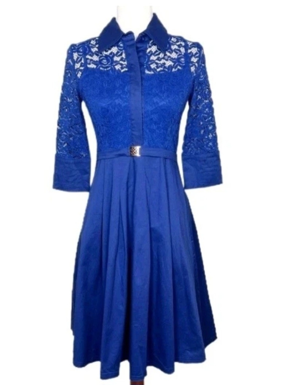 MissMay Knee Length Cocktail Party Dress Blue Lace Fit & Flare Retro Romantic S